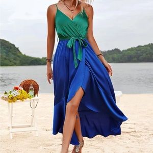 NEW SHEIN size small 4 6 blue green satin ruffle trim dress cami long split leg